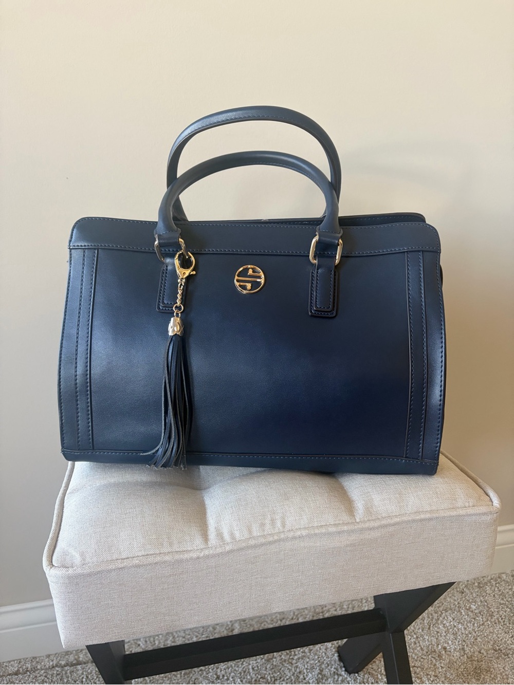 Structured Navy Blue Satchel with Tassel Accent